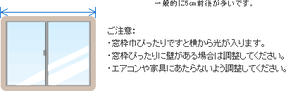 一般的に5㎝前後が多いです。
ご注意:
・窓枠巾ぴったりですと横から光が入ります。
・窓枠ぴったりに壁がある場合は調整してください。
・エアコンや家具にあたらないよう調整してください。